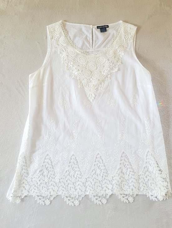 Lauren Michelle Tops - White Cotton Eyelet Embroidered Lace Crochet Trim Sleeveless Top Large Boho
